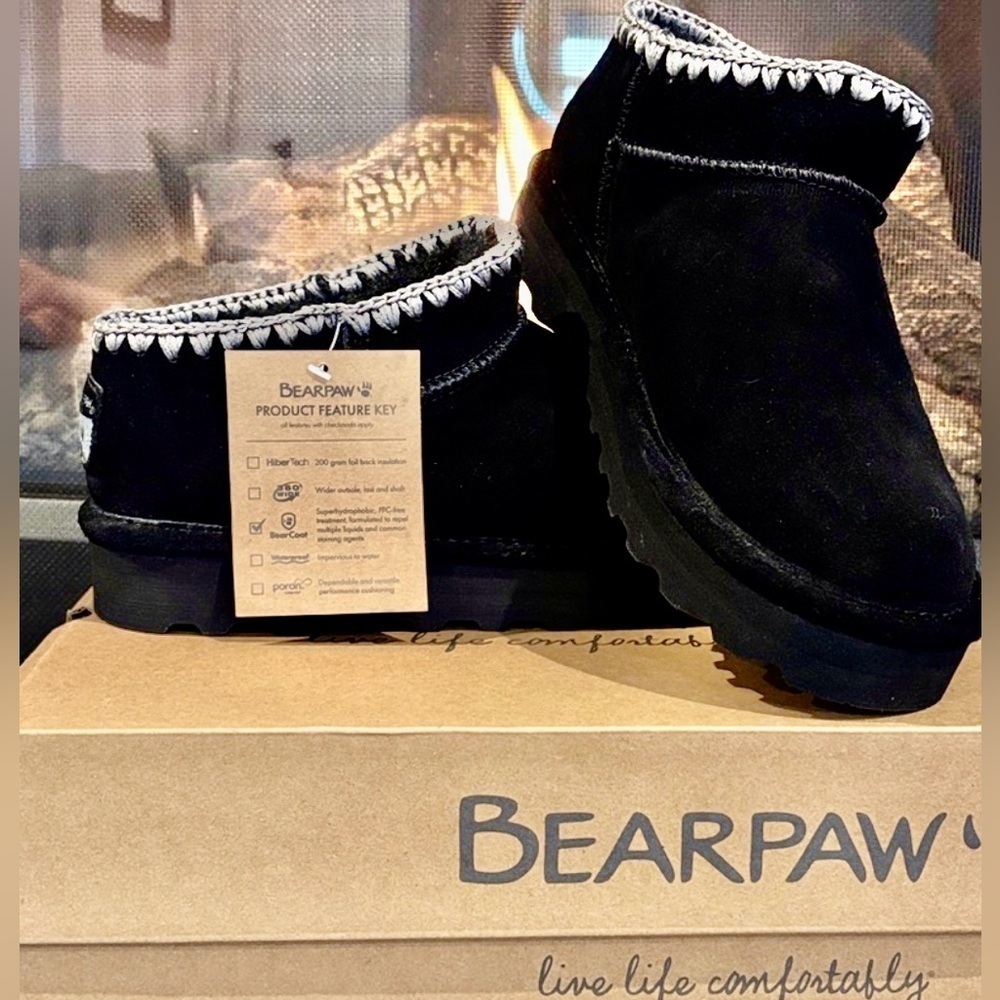 BEARPAW Lana Crochet Detail Cow Suede Ankle Bootie,wool blend lining,pad insole